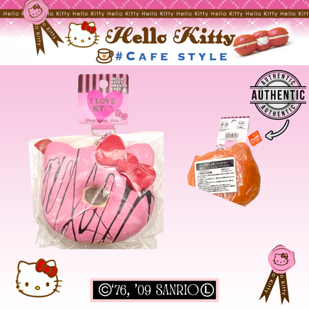 Hello Kitty Sweets Cafe RARE Jumbo Donut Squishy – licensed 2009 collectible mascot with original packaging, tags, ball chain, and red authenticity sticker; super soft, slow-rising, perfect for keychain, backpack, purse, or bag accessory