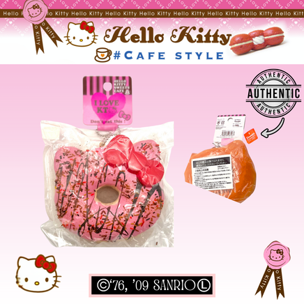 Hello Kitty Sweets Cafe RARE Jumbo Donut Squishy – licensed 2009 collectible mascot with original packaging, tags, ball chain, and red authenticity sticker; super soft, slow-rising, perfect for keychain, backpack, purse, or bag accessory