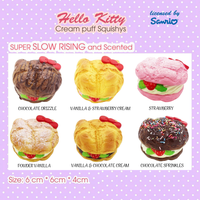 licensed Sanrio Hello Cream Puff series, this Hello Kitty Cream Puff Squishy is a dreamy treat for squishy collectors and kawaii lovers alike! Packaged in a cute display box with a Sanrio authenticity seal on the back