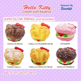 licensed Sanrio Hello Cream Puff series, this Hello Kitty Cream Puff Squishy is a dreamy treat for squishy collectors and kawaii lovers alike! Packaged in a cute display box with a Sanrio authenticity seal on the back
