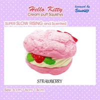 licensed Sanrio Hello Cream Puff series, this Hello Kitty Cream Puff Squishy is a dreamy treat for squishy collectors and kawaii lovers alike! Packaged in a cute display box with a Sanrio authenticity seal on the back