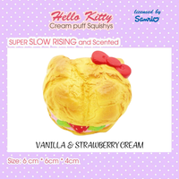 licensed Sanrio Hello Cream Puff series, this Hello Kitty Cream Puff Squishy is a dreamy treat for squishy collectors and kawaii lovers alike! Packaged in a cute display box with a Sanrio authenticity seal on the back