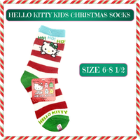 Sanrio Hello Kitty kids Christmas crew socks in festive holiday colors, licensed design, fits sizes 6–8.5.”