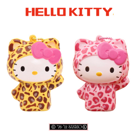 RARE Hello Kitty leopard squishy in either pink with pink ball chain or yellow with gold ball chain, both shown in original packaging from 1976–2012; vintage collectible with possible age-related cracks or imperfections.