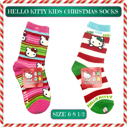 Sanrio Hello Kitty kids Christmas crew socks in festive holiday colors, licensed design, fits sizes 6–8.5.”