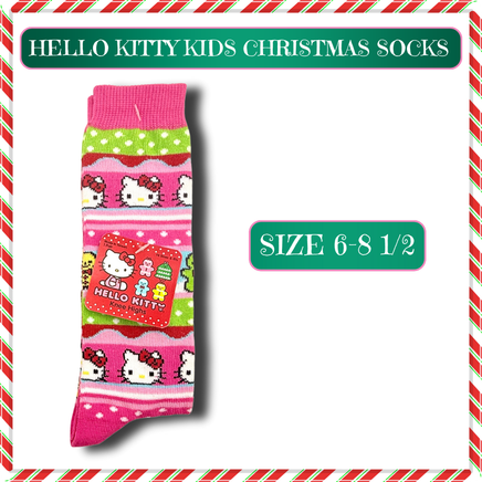 Hello Kitty kids knee-high Christmas socks featuring festive red, green, and white holiday colors with a cute Sanrio design. Cozy, stretchy, and sized for kids 6–8.5.