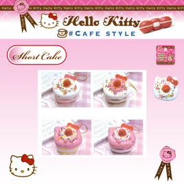 Hello Kitty Sweets Cafe Shortcake Squishy, authentic Sanrio collectible produced 1976–2010, comes in original package with tag, red ball chain, and red authenticity sticker."