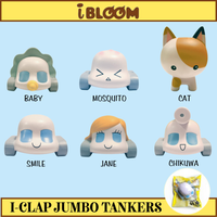 Licensed I-Bloom I-Clap Jumbo and Mini Tanker squishies from 2016, both in original packaging; Mini includes a metallic blue ball chain