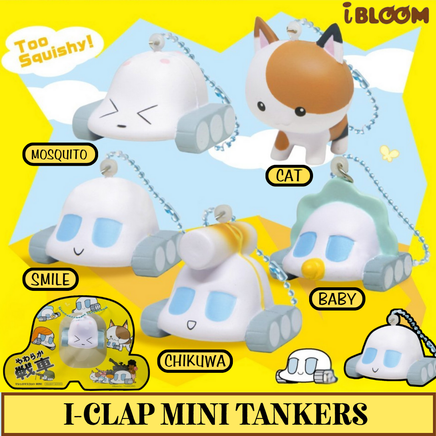 Licensed I-Bloom I-Clap Jumbo and Mini Tanker squishies from 2016, both in original packaging; Mini includes a metallic blue ball chain