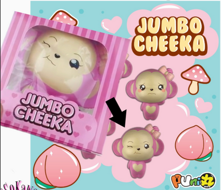 Jumbo Cheeka plush toy packaging with pink and purple design on a blue background