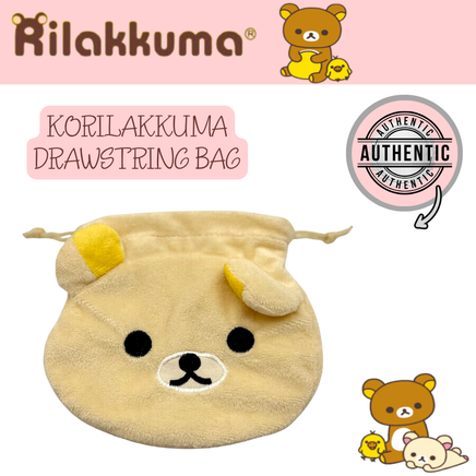 Rilakkuma & Korilakkuma small drawstring bag 6x5.5 inches featuring cute pastel design, perfect for storing collectibles, makeup, trinkets, and stationery.