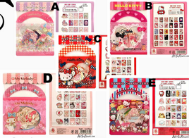 Licensed Sanrio sticker sack featuring Hello Kitty, My Melody, Little Twin Stars, and other kawaii characters in a resealable bag with 50 colorful stickers.