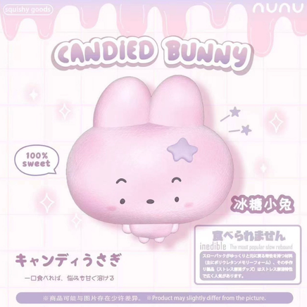 NUNU Candied Bunny Squishy featuring a jumbo oversized head, tiny body, adorable face, lavender star accent, soft slow-rising texture and cotton candy scent.