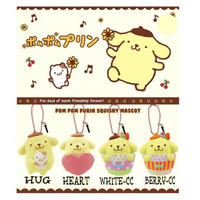 Pom Pom Purin squishy mascot with various designs on a white background