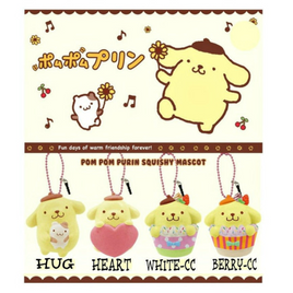 Pom Pom Purin squishy mascot with various designs on a white background
