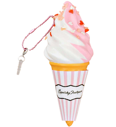 Puni Maru Classic Ice Cream Squishy shown in a variety of 8 colorful designs; each features a soft-serve scoop in a textured cone with paper wrapping. Made from scented, slow-rising PU foam and measuring 10 cm in height. Packaged in original licensed packaging.