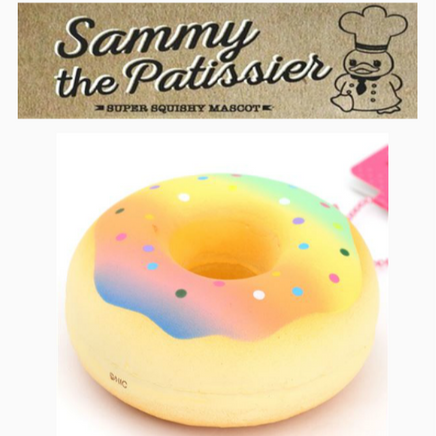Sammy the Patissier Colorful Donuts squishy, released May 2017; super soft, slow-rising squishy in vibrant pastel and bright color variations, each donut measuring 3.5 by 3.5 inches; shown in original packaging with tag included.