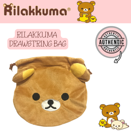 Rilakkuma & Korilakkuma small drawstring bag 6x5.5 inches featuring cute pastel design, perfect for storing collectibles, makeup, trinkets, and stationery.