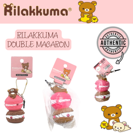 Rilakkuma Double Stacked Macaron Squishy from 2016 in original packaging with ball chain, rare licensed collectible perfect as a keychain, bag charm, or backpack accessory.