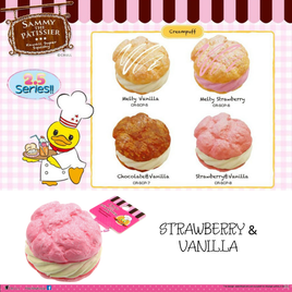 Sammy The Patissier 2.5” Strawberry & Vanilla Cream Puff Squishy with realistic texture, original packaging, tags, and pink ball chain collectible accessory.