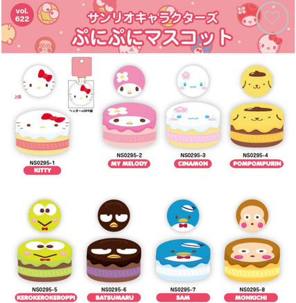 Sanrio Characters Petit Cake Squishy collection featuring eight miniature cake-themed squishies of beloved characters: Hello Kitty, My Melody, Keroppi, Tuxedosam, Osaru No Monkichi, Bad Badtz-Maru, Cinnamoroll, and Pom Pom Purin. Each squishy is brightly colored, highly detailed, and displayed with official licensed packaging. Released in March 2017.
