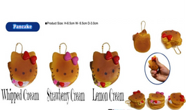  Sanrio Hello Kitty Lovely Sweets Pancake squishy featuring Hello Kitty sitting atop a stack of pancakes with syrup detail; available in three different color/flavor variations; soft, slow-rising texture with a kawaii design; can be used as a keychain or bag accessory.