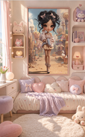 A pastel pink children's bedroom featuring a large framed fantasy art print of a girl with dark hair in a school scene. The room is decorated with soft pink and lavender pillows, a plush bunny, a small desk, and shelves holding cute figurines.