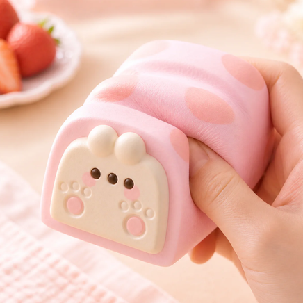 Bunny Paw Cake Roll Squishy with 3D pink bunny paw design, strawberry cream scent, slow-rising kawaii stress relief toy in clear display box.
