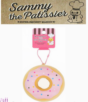 Sammy the Patissier Colorful Donuts squishy, released May 2017; super soft, slow-rising squishy in vibrant pastel and bright color variations, each donut measuring 3.5 by 3.5 inches; shown in original packaging with tag included.