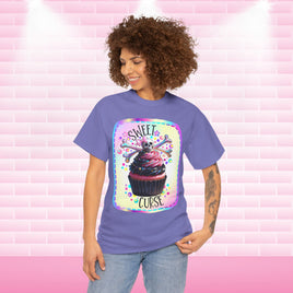  Sweet Curse Skull n Crossbones Cupcake Tee — where gothic vibes meet irresistible kawaii sweetness. Featuring&nbsp;a two-tone swirl strawberry cupcake topped with a chromatic skull and crossbones, this bold design is equal parts cute and wicked.- Ribbed knit collar for shape retention