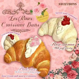 SweetBunS Les Roses Croissant Bun squishy featuring realistic flaky pastry texture, rose-inspired design, slow-rising scented foam in Rose Savona Milk Puff Pastry or Pink Rose Wheat Flaky Pastry.