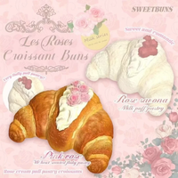 SweetBunS Les Roses Croissant Bun squishy featuring realistic flaky pastry texture, rose-inspired design, slow-rising scented foam in Rose Savona Milk Puff Pastry or Pink Rose Wheat Flaky Pastry.
