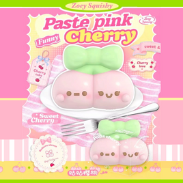 Zoey Pastel Pink Cherry Squishy with an adorable kawaii face, jumbo pink cherry design, super squishy slow-rising texture and delightful scent, displayed in a protective plastic box.