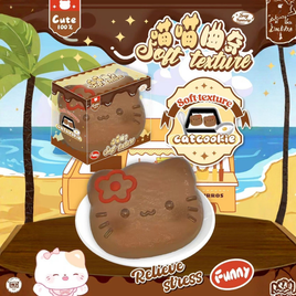 Zoey Cat Cookie Squishy featuring a realistic cat-shaped cookie design with scented slow-rising foam, displayed in a clear protective box for kawaii décor, collectors, cat lovers, and stress relief.
