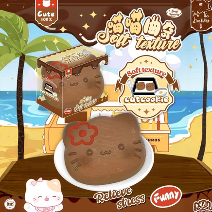 Zoey Cat Cookie Squishy featuring a realistic cat-shaped cookie design with scented slow-rising foam, displayed in a clear protective box for kawaii décor, collectors, cat lovers, and stress relief.