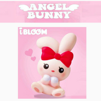 I-Bloom Angel Bunny squishy, scented and slow-rising, shown in four pastel color variations. Features soft bunny shape with angel wings, blushing cheeks, and cute expression. Made of PU foam and packaged in original 2017 licensed packaging for collectors.
