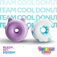 Two donut-shaped toys, one purple and one white with blue accents, on a white background with 'Team Cooldonut' text.