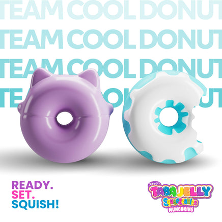 Two donut-shaped toys, one purple and one white with blue accents, on a white background with 'Team Cooldonut' text.