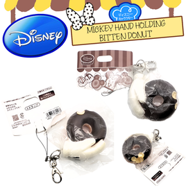 Japan exclusive squishy featuring Mouse holding a bitten donut, with attached metal swivel lobster claw key ring, cell phone strap, and original packaging with tag.





