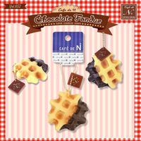 Cafe de N Chocolate Fondue Squishy Waffle in chocolate and strawberry drizzle, super soft and slow rising, with realistic textured design and original 2017 packaging and tag.