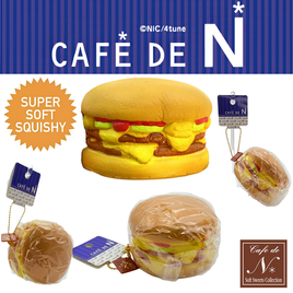 Café de N Double Cheeseburger squishy featuring two layers of burger patties, cheese, lettuce, and buns in realistic colors and textures. Made of soft, slow-rising PU foam. Packaged in original licensed Café de N packaging with tags. Produced March 2017.
