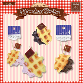 Cafe de N Chocolate Fondue Squishy Waffle in chocolate and strawberry drizzle, super soft and slow rising, with realistic textured design and original 2017 packaging and tag.