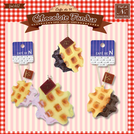 Cafe de N Chocolate Fondue Squishy Waffle in chocolate and strawberry drizzle, super soft and slow rising, with realistic textured design and original 2017 packaging and tag.