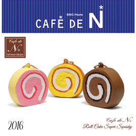 Cafe De N Roll Cake Squishy 2016 with bright colors, realistic texture, original package, tags, and gold ball chain collectible charm.
