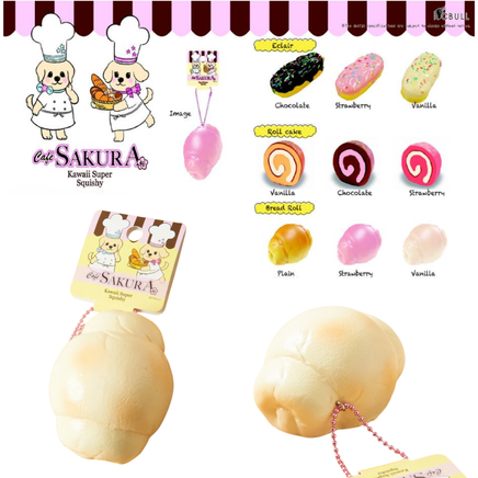 Cafe Sakura Super Squishy Series featuring Vanilla Bread Roll, Chocolate Roll Cake, Vanilla Éclair, and Chocolate Éclair with original packaging, tags, and pink ball chain rare collectibles.