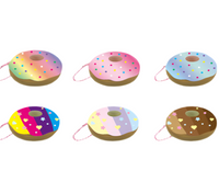 Sammy the Patissier Colorful Donuts squishy, released May 2017; super soft, slow-rising squishy in vibrant pastel and bright color variations, each donut measuring 3.5 by 3.5 inches; shown in original packaging with tag included.
