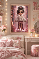 A framed art print featuring a cute anime-style girl in a pink forest, displayed on a beige wall above a pink and white bed in a cozy, decorated bedroom.