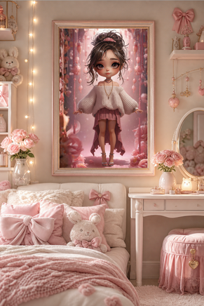 A framed art print featuring a cute anime-style girl in a pink forest, displayed on a beige wall above a pink and white bed in a cozy, decorated bedroom.