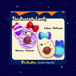 Fat PawPaw Avocado Family RARE Mummy and Galaxy Jumbo Squishy displayed in original packaging. Features two jumbo-sized squishies with vibrant, detailed designs—one in a galaxy color pattern and the other styled like a mummy. Each has a soft, textured surface, showcasing slow rising PU foam ideal for collectors and squishy enthusiasts.