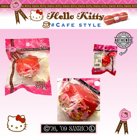 RARE Hello Kitty Sweets Cafe strawberry-dipped sprinkles squishy with realistic texture, authentic 2009 Sanrio collectible featuring red authenticity sticker, no defects